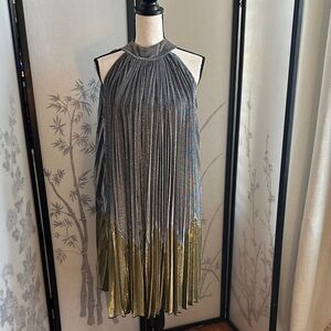 Gracia Metallic Silver Pleated Dress w/pockets
